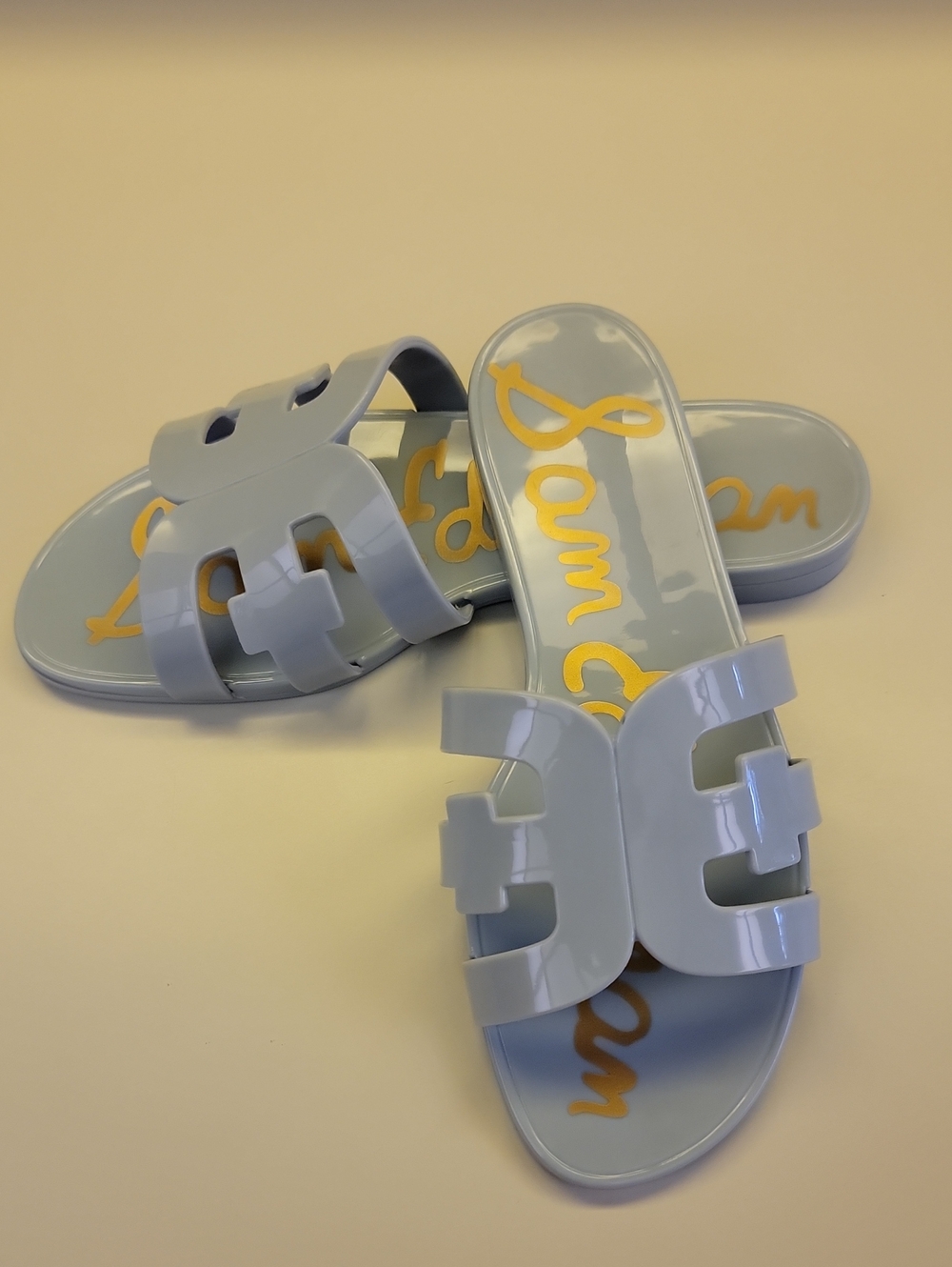 SAM EDELMAN BAY JELLY SLIDE SANDALS IN THE "CAPE BLUE" COLOR